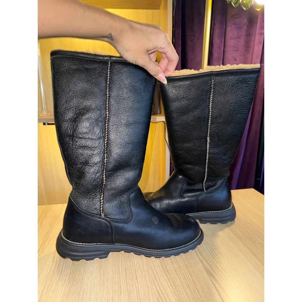 UGG Australia Women Black Leather Shearling Lined Tall Winter Boots Size 10